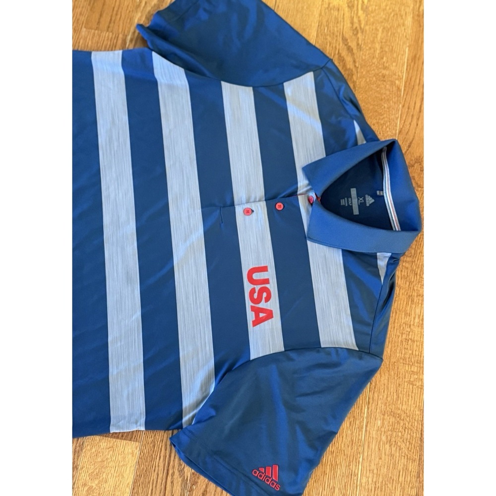 USA ADIDAS GOLF POLO SHIRT POLY/ELASTANE SHIRT DARK BLUE, RED & GRAY Mens XL